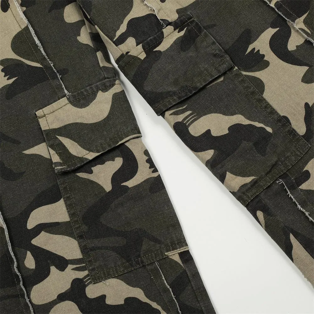 Hip-Hop Trendy Workwear Camouflage Pants Men's Loose Wide-Leg Trousers Stitching Design Sense Straight Camouflage Pants