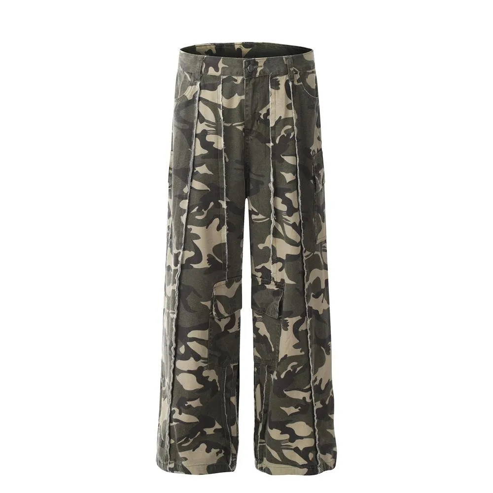 Hip-Hop Trendy Workwear Camouflage Pants Men's Loose Wide-Leg Trousers Stitching Design Sense Straight Camouflage Pants