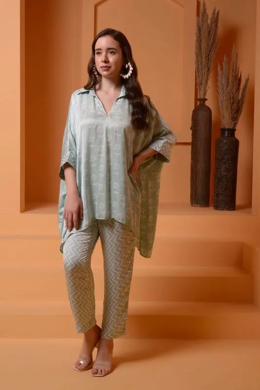 ICE BLUE BAGGY PRINTED COORD SET