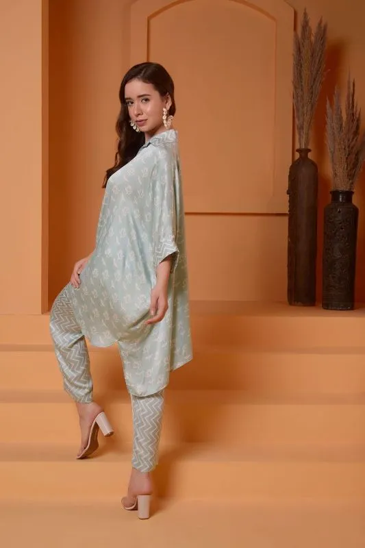 ICE BLUE BAGGY PRINTED COORD SET