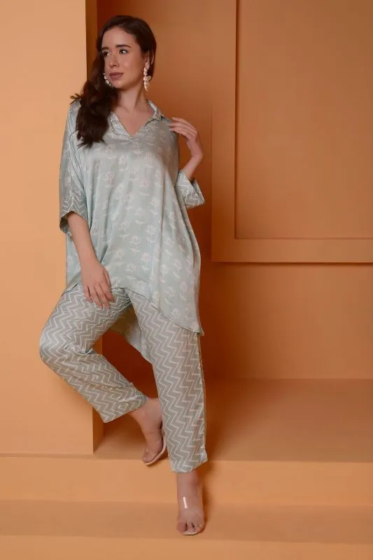 ICE BLUE BAGGY PRINTED COORD SET