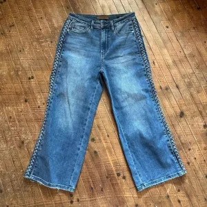 Judy Blue distressed wide leg 5/27 boutique braided trouser jeans
