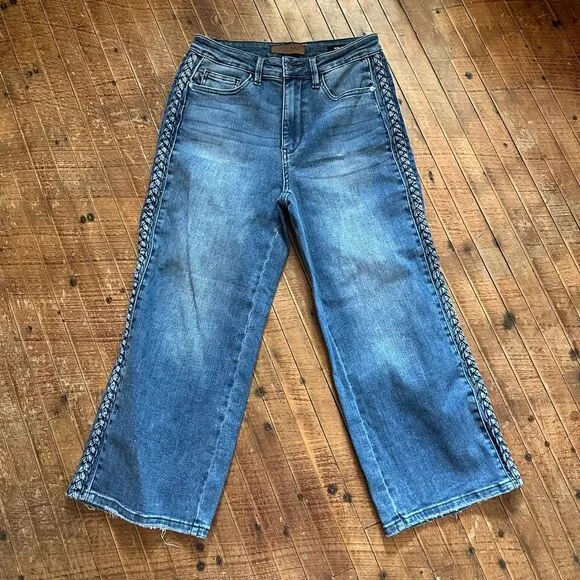 Judy Blue distressed wide leg 5/27 boutique braided trouser jeans