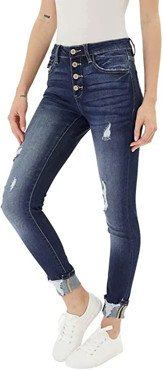 Kan Can Women's High Rise Button Fly Super Skinny Jeans (6192D, 3/25)