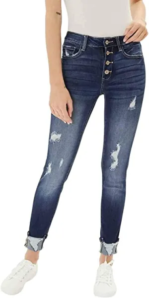 Kan Can Women's High Rise Button Fly Super Skinny Jeans (6192D, 3/25)