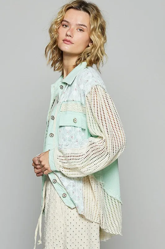 Lace Trim Crochet Denim Jacket - Pale Mint Green
