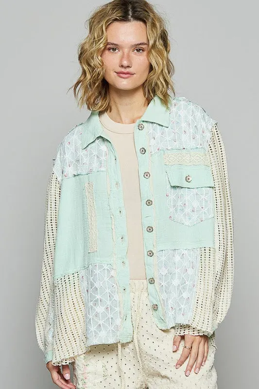 Lace Trim Crochet Denim Jacket - Pale Mint Green