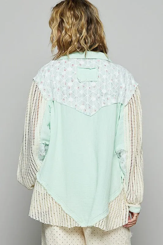 Lace Trim Crochet Denim Jacket - Pale Mint Green