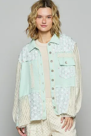 Lace Trim Crochet Denim Jacket - Pale Mint Green