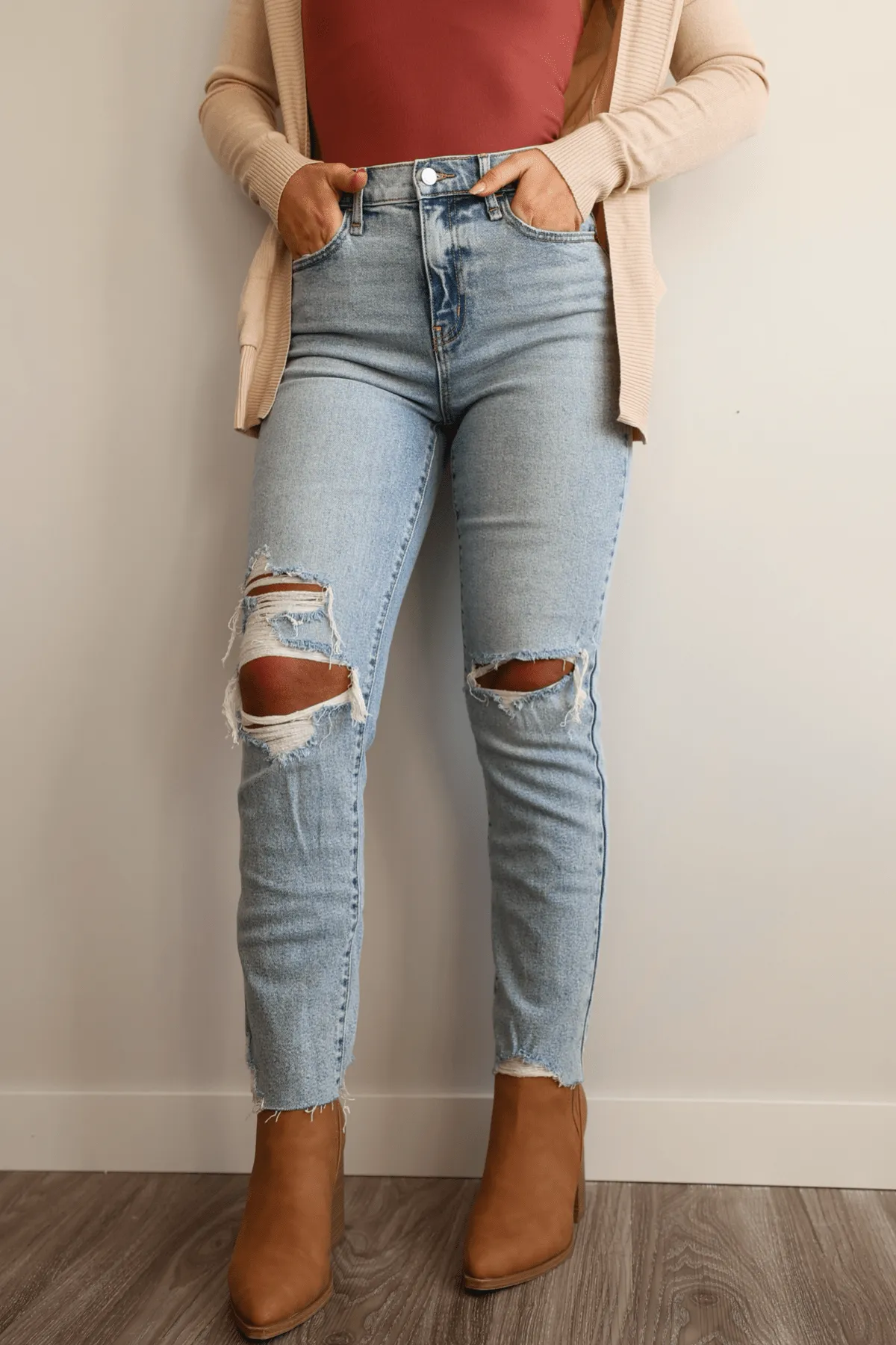 Light Wash High Rise Distressed Straight Leg Jeans - FINAL SALE