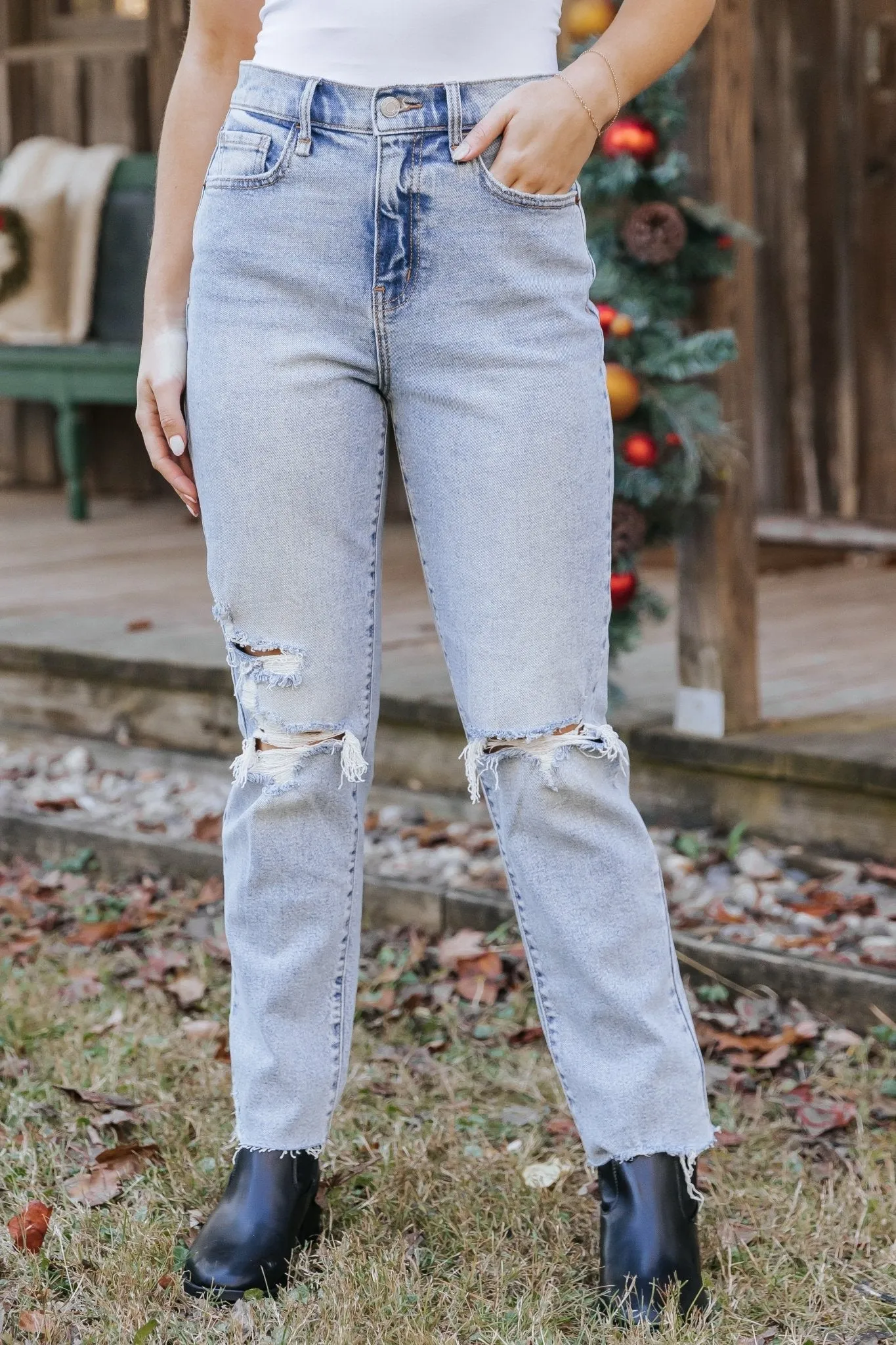 Light Wash High Rise Distressed Straight Leg Jeans - FINAL SALE