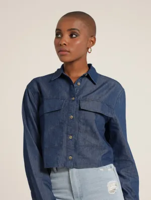 Long Sleeve Pocket Detail Cropped Denim Shirt