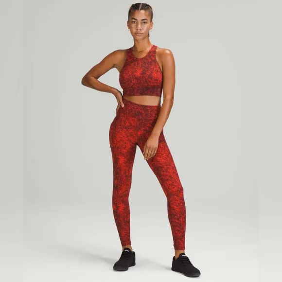 LULULEMON Wunder Train Longline Bra Denim Wash Print Autumn Red Black Size 2 NWT