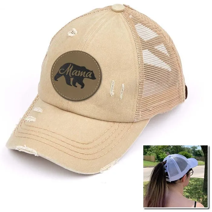 Mama Bear Engraved Leather Patch Premium Ponytail Hat