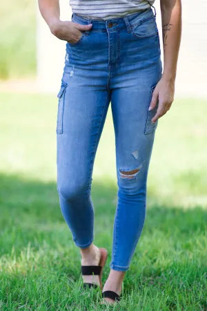 Medium Wash Distressed Jeans With Cargo Pocket