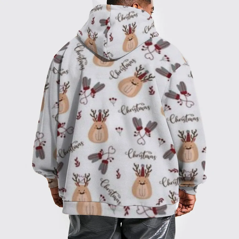 Mens Christmas Reindeer Graphic Pullover With Kangaroo Pocket Hoodies