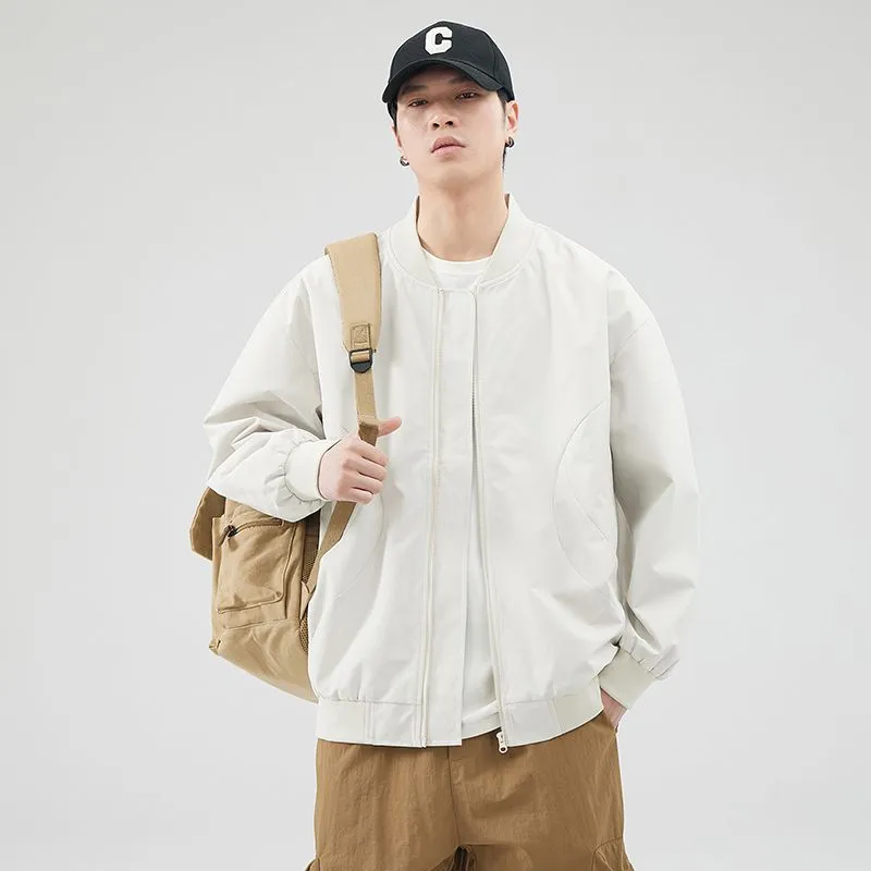 Men's Solid Windproof Bomber Jacket with Elastic Band Cuffs
