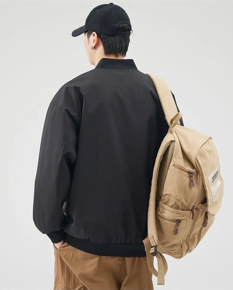 Men's Solid Windproof Bomber Jacket with Elastic Band Cuffs