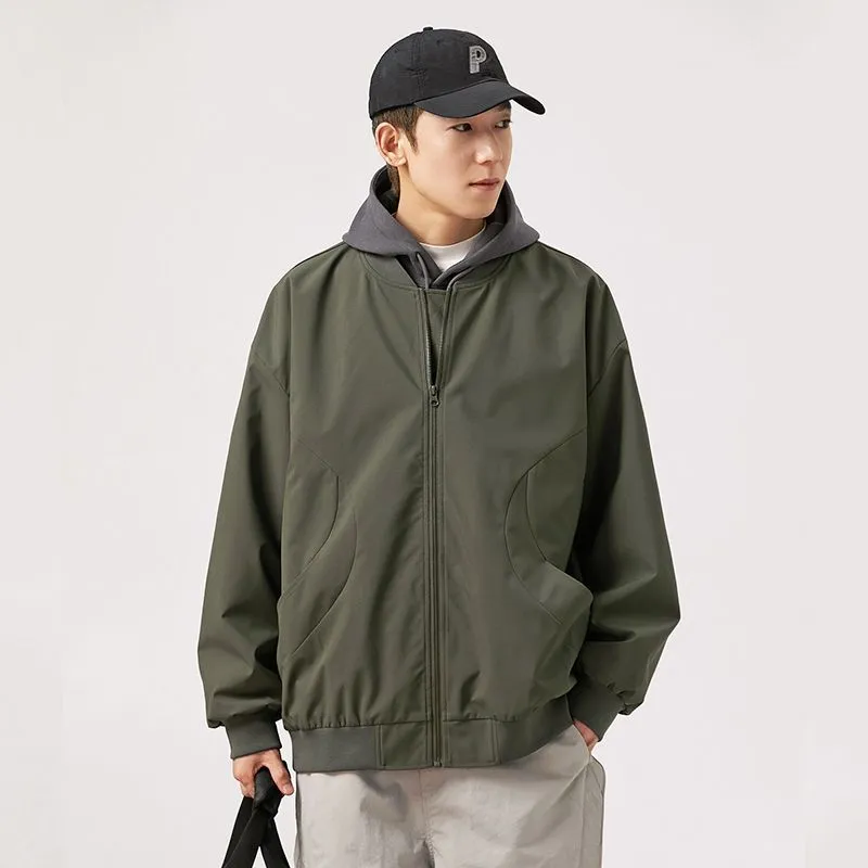 Men's Solid Windproof Bomber Jacket with Elastic Band Cuffs