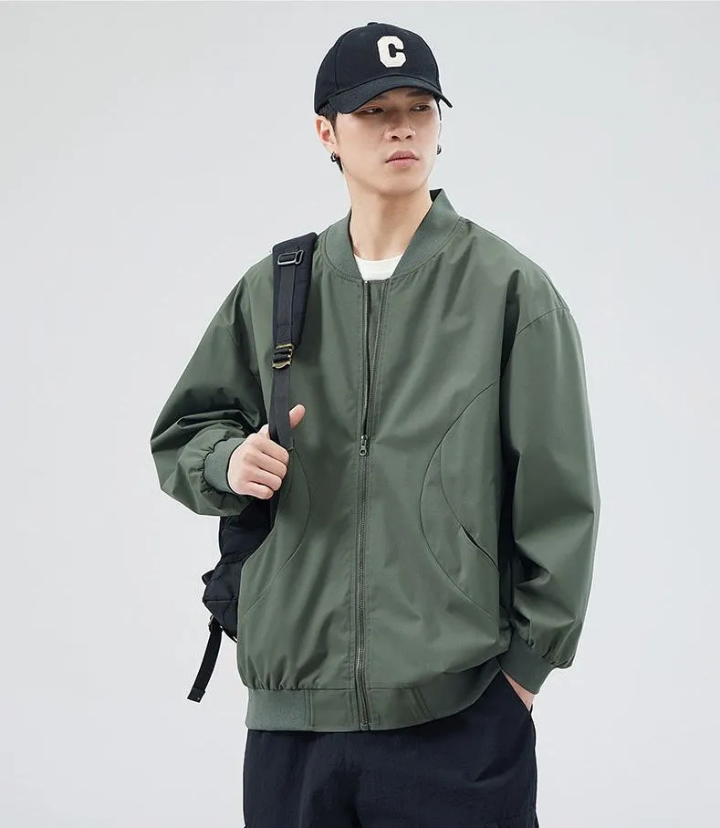 Men's Solid Windproof Bomber Jacket with Elastic Band Cuffs