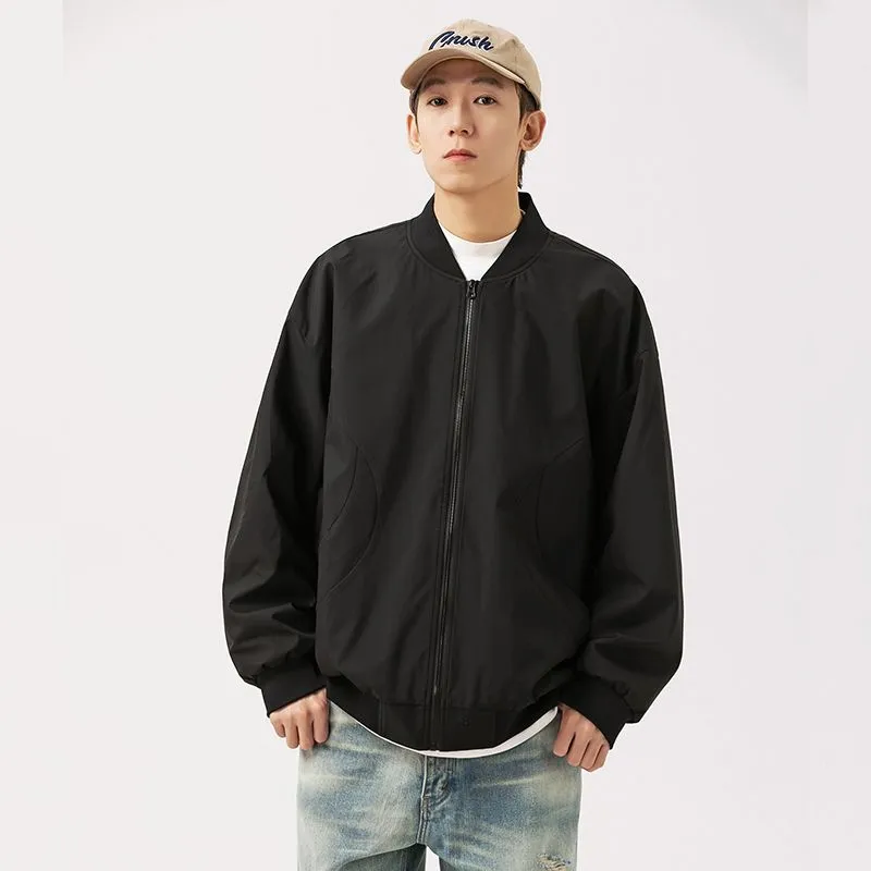 Men's Solid Windproof Bomber Jacket with Elastic Band Cuffs