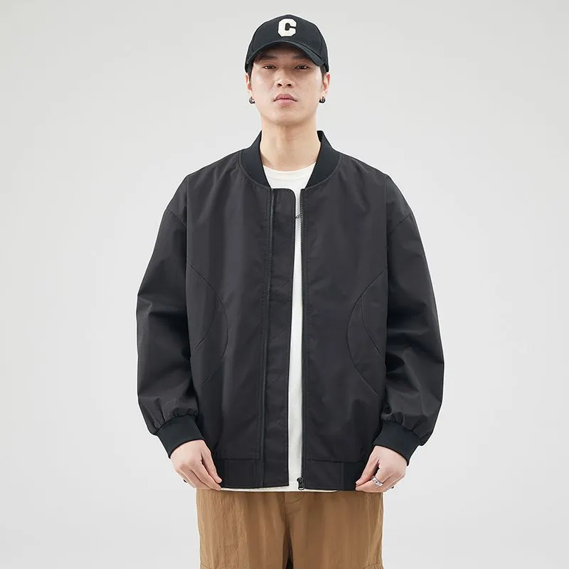 Men's Solid Windproof Bomber Jacket with Elastic Band Cuffs