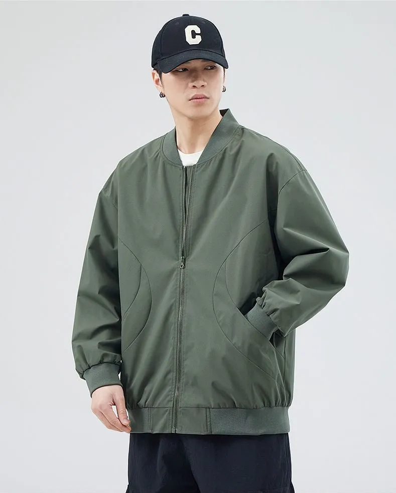Men's Solid Windproof Bomber Jacket with Elastic Band Cuffs