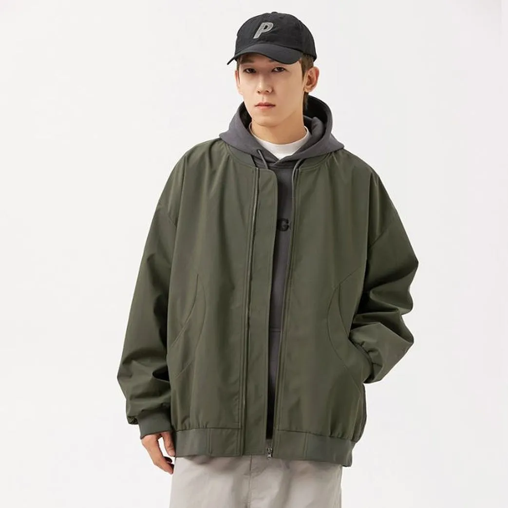 Men's Solid Windproof Bomber Jacket with Elastic Band Cuffs
