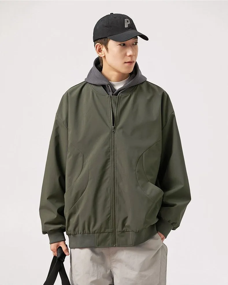Men's Solid Windproof Bomber Jacket with Elastic Band Cuffs