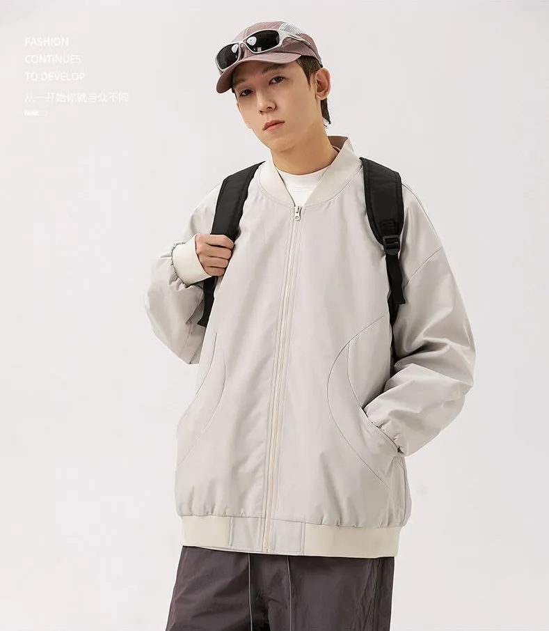 Men's Solid Windproof Bomber Jacket with Elastic Band Cuffs