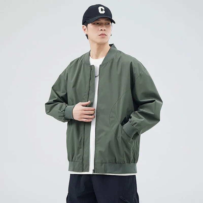 Men's Solid Windproof Bomber Jacket with Elastic Band Cuffs