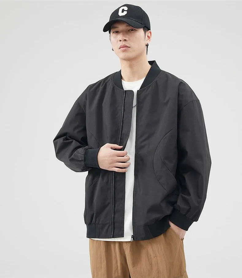 Men's Solid Windproof Bomber Jacket with Elastic Band Cuffs