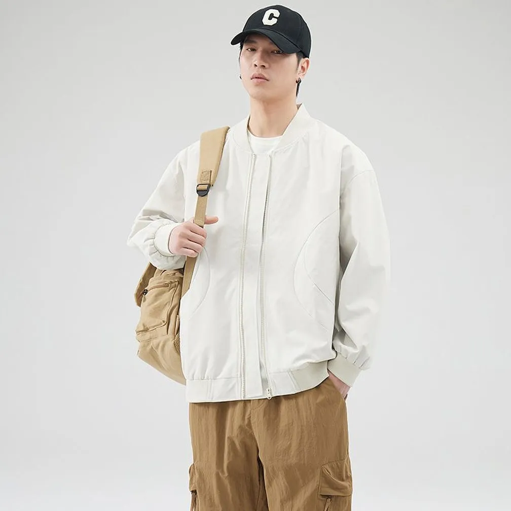 Men's Solid Windproof Bomber Jacket with Elastic Band Cuffs