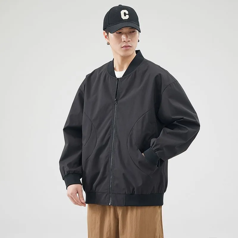 Men's Solid Windproof Bomber Jacket with Elastic Band Cuffs