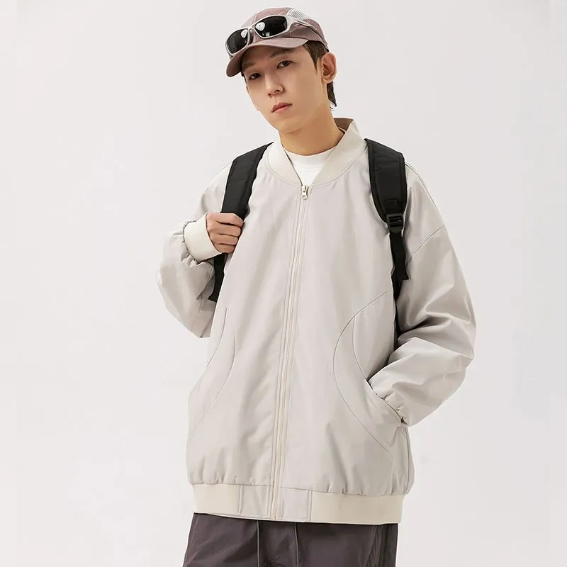 Men's Solid Windproof Bomber Jacket with Elastic Band Cuffs