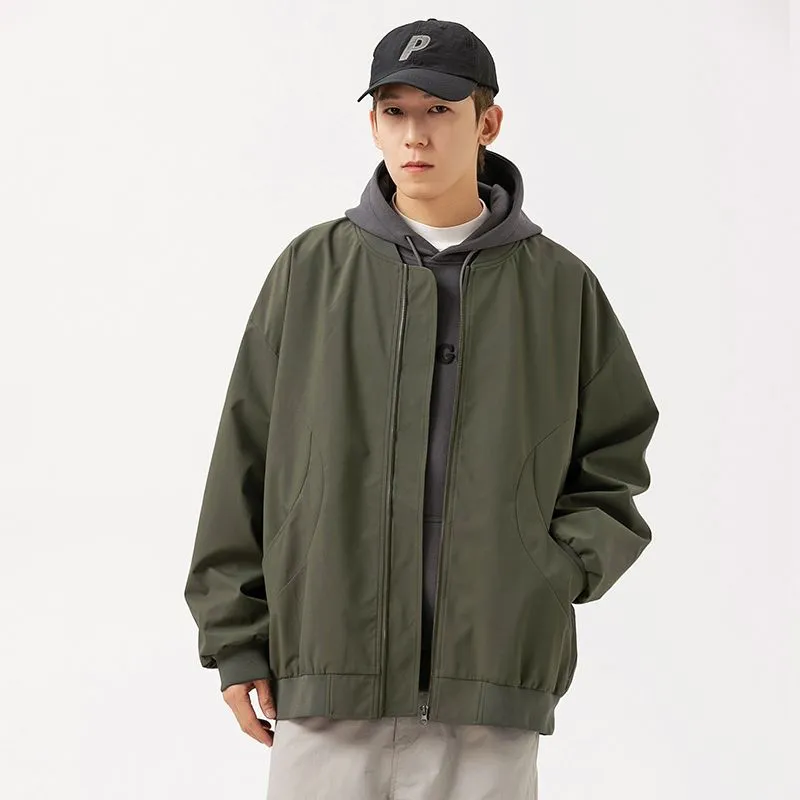 Men's Solid Windproof Bomber Jacket with Elastic Band Cuffs