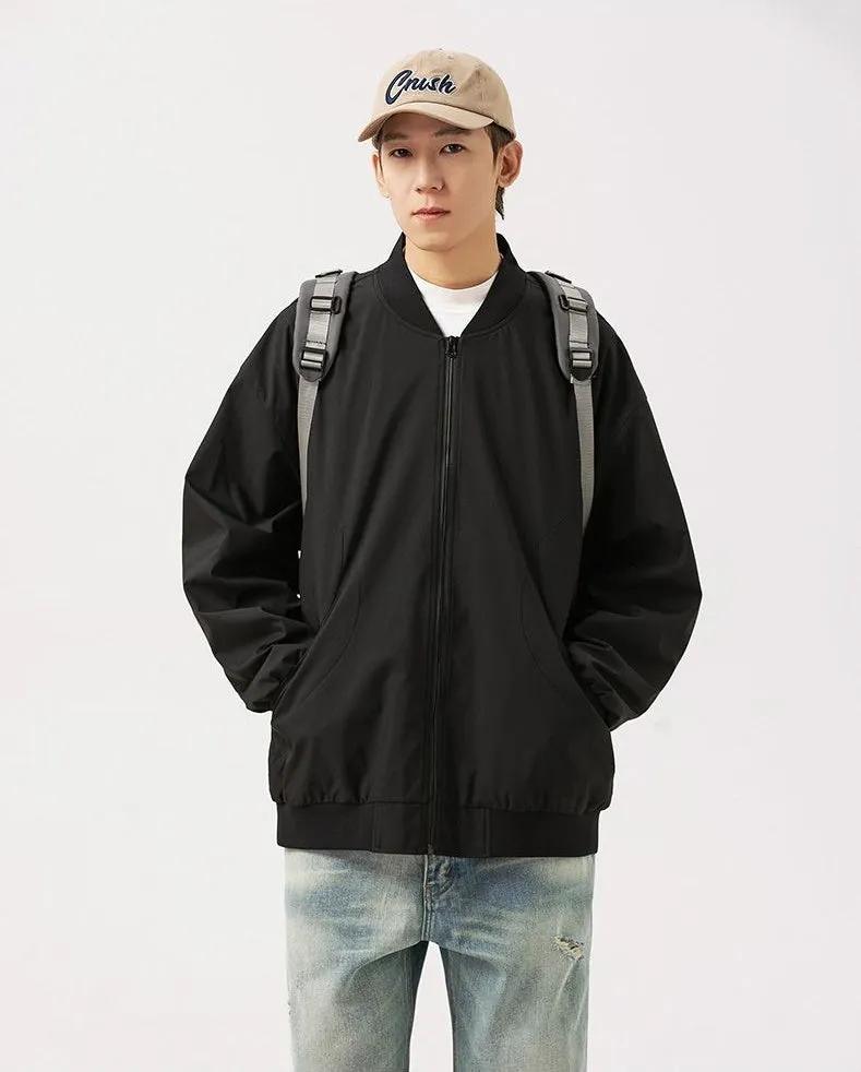 Men's Solid Windproof Bomber Jacket with Elastic Band Cuffs