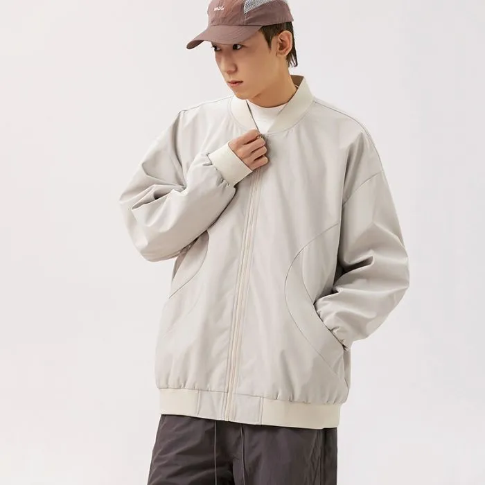 Men's Solid Windproof Bomber Jacket with Elastic Band Cuffs