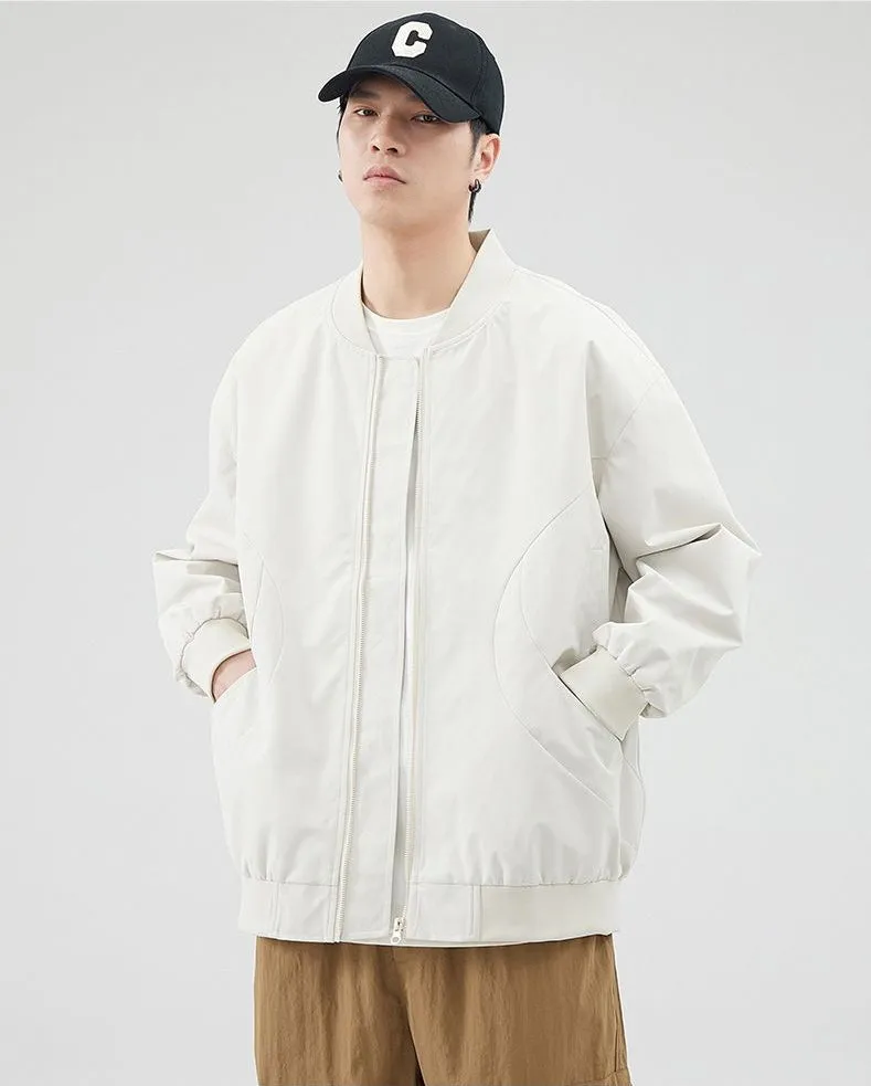 Men's Solid Windproof Bomber Jacket with Elastic Band Cuffs