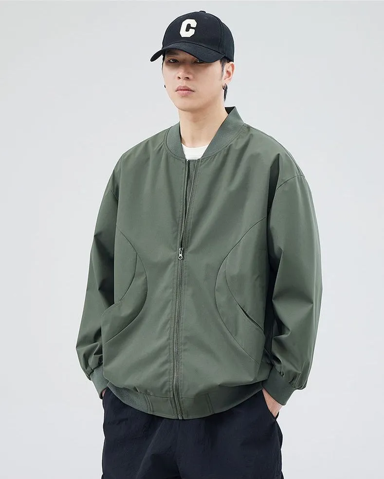Men's Solid Windproof Bomber Jacket with Elastic Band Cuffs