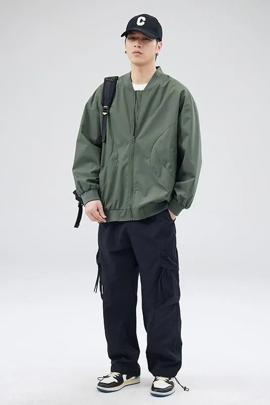 Men's Solid Windproof Bomber Jacket with Elastic Band Cuffs