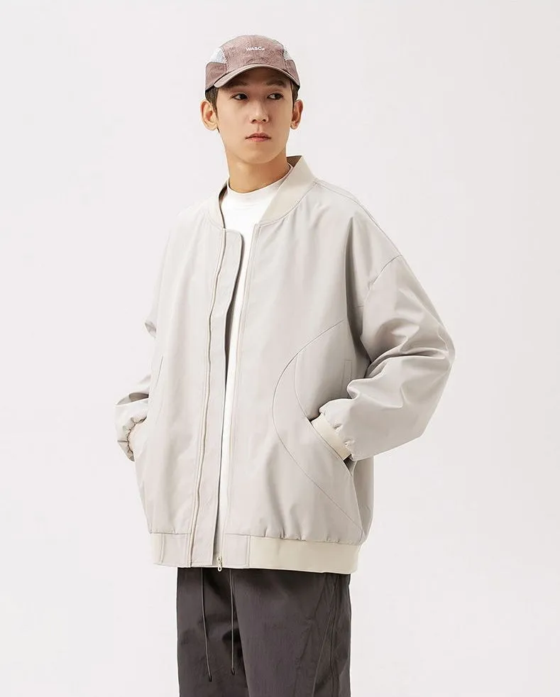 Men's Solid Windproof Bomber Jacket with Elastic Band Cuffs
