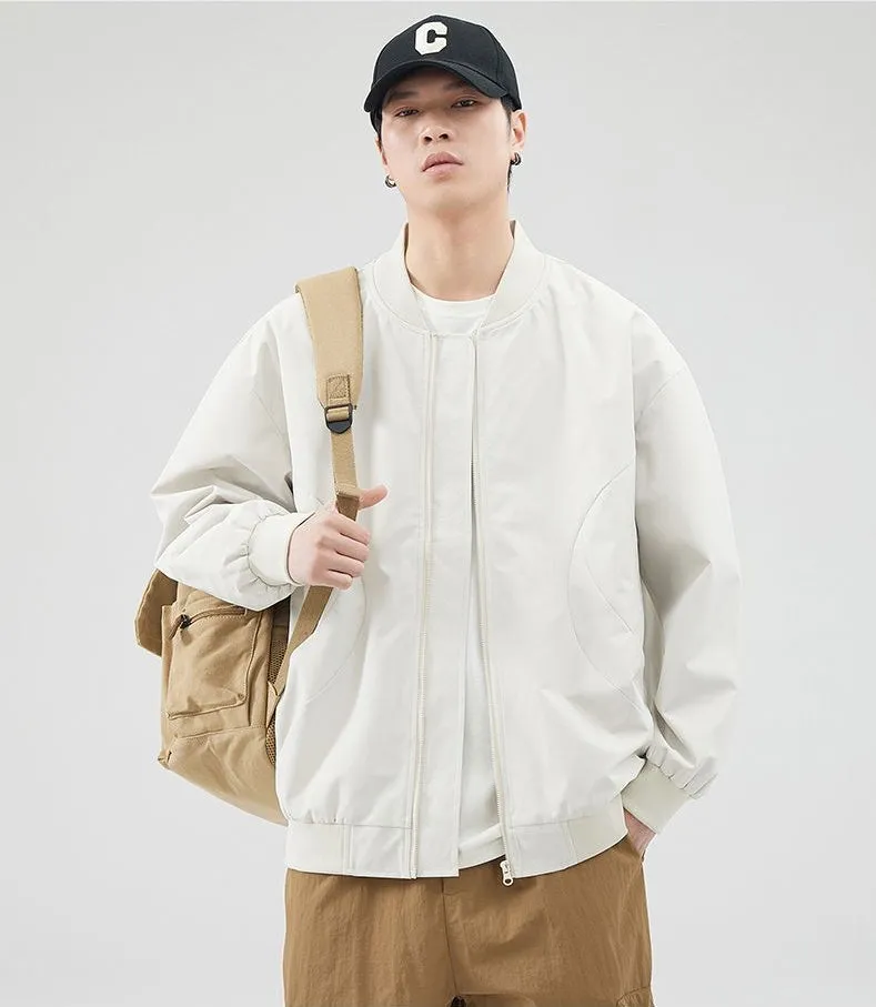 Men's Solid Windproof Bomber Jacket with Elastic Band Cuffs