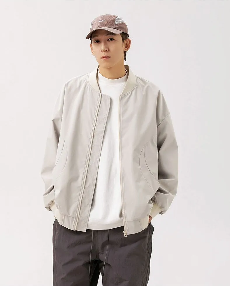 Men's Solid Windproof Bomber Jacket with Elastic Band Cuffs