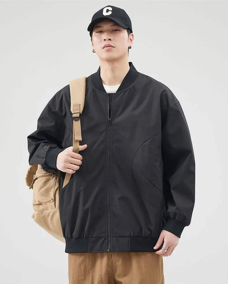 Men's Solid Windproof Bomber Jacket with Elastic Band Cuffs