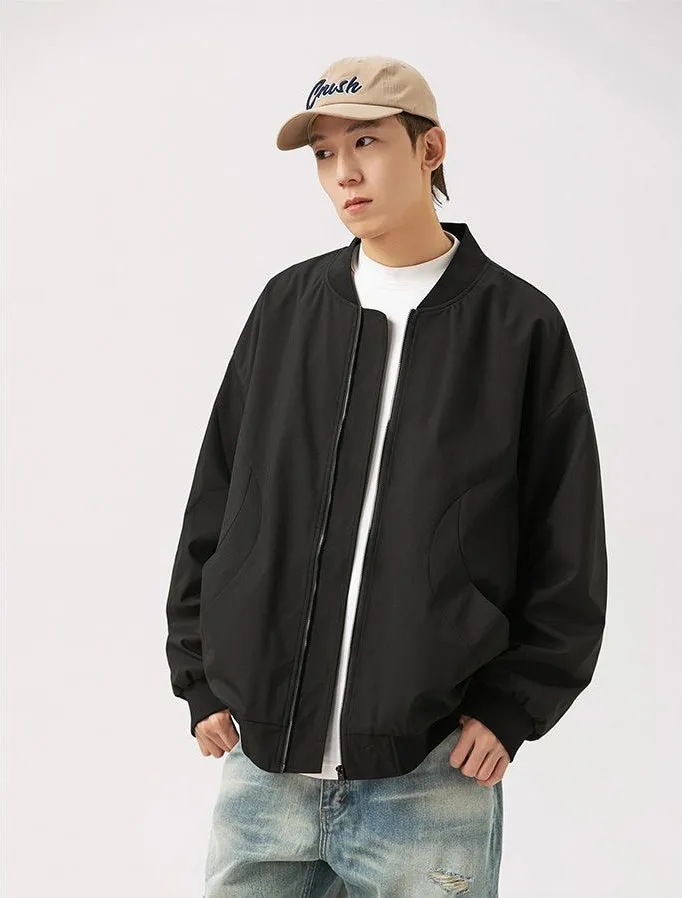 Men's Solid Windproof Bomber Jacket with Elastic Band Cuffs