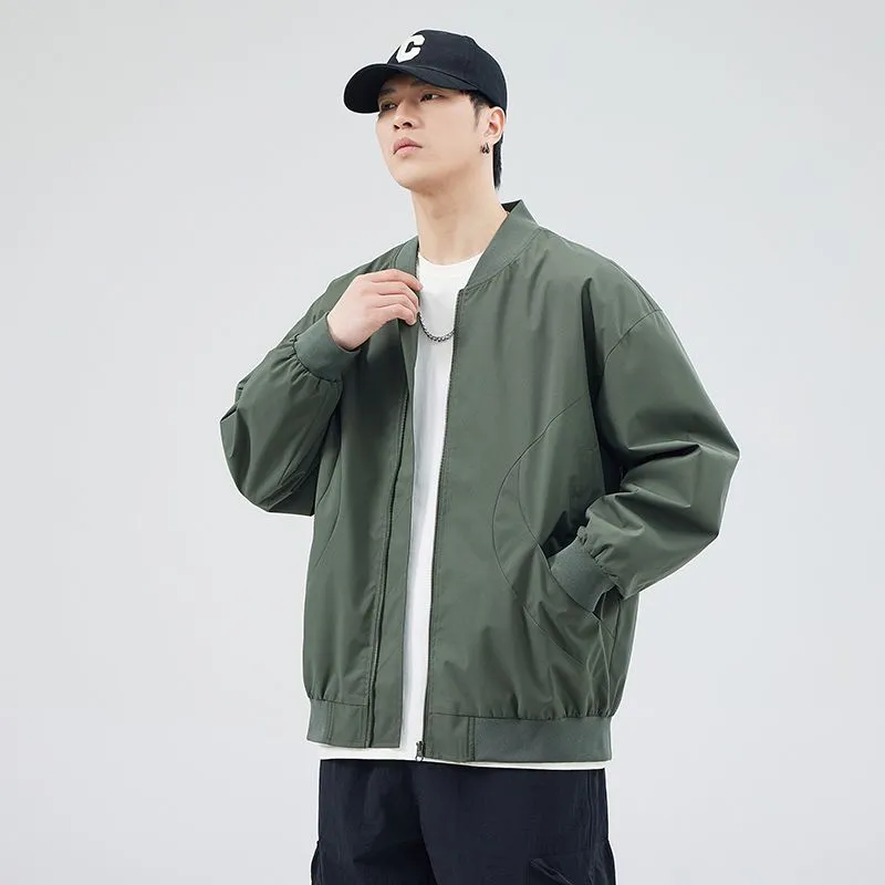 Men's Solid Windproof Bomber Jacket with Elastic Band Cuffs