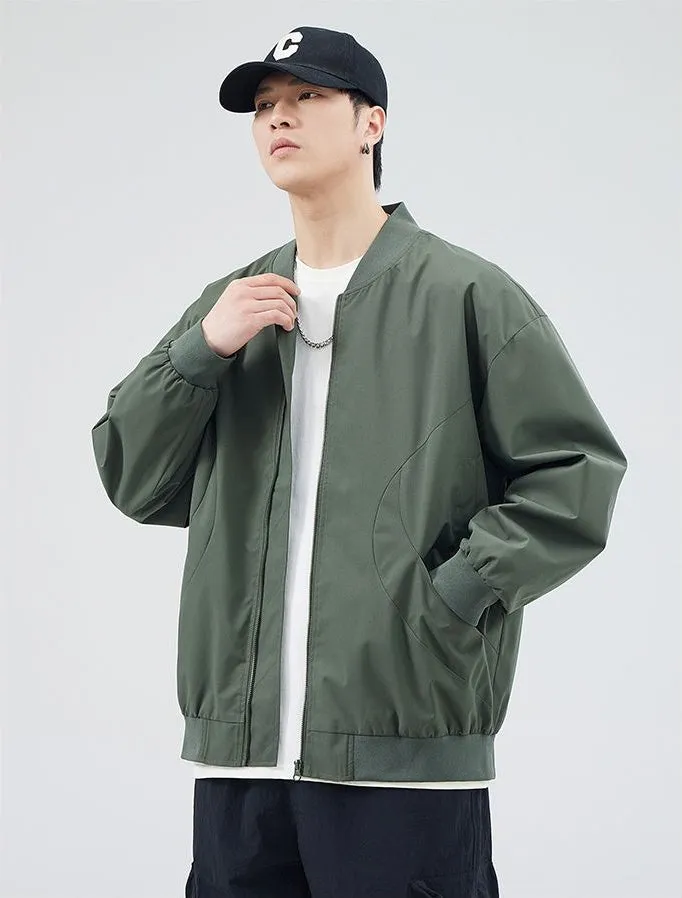 Men's Solid Windproof Bomber Jacket with Elastic Band Cuffs