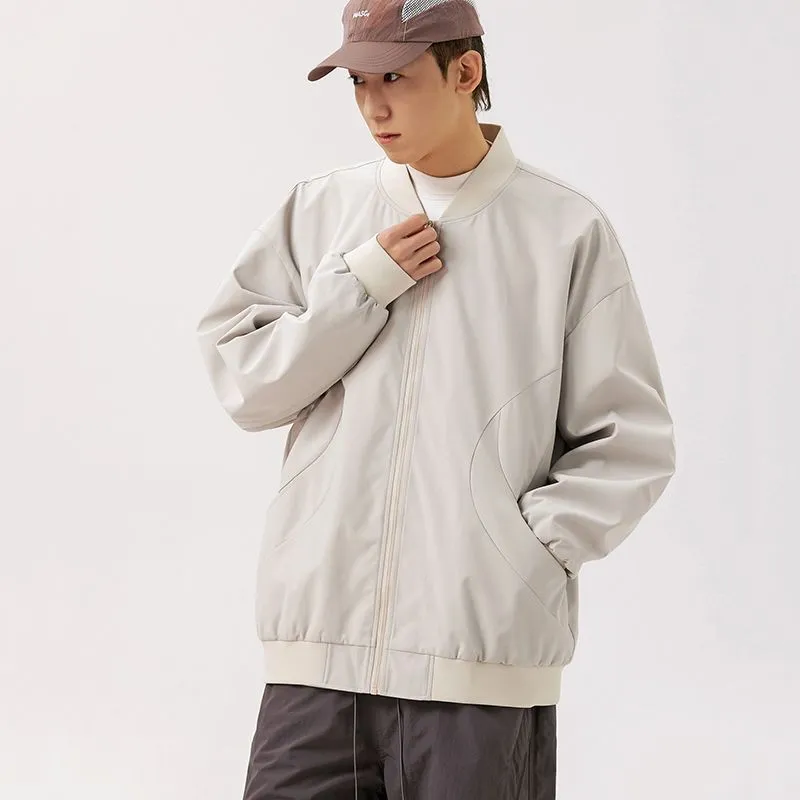 Men's Solid Windproof Bomber Jacket with Elastic Band Cuffs