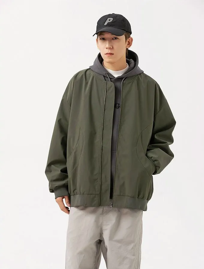 Men's Solid Windproof Bomber Jacket with Elastic Band Cuffs
